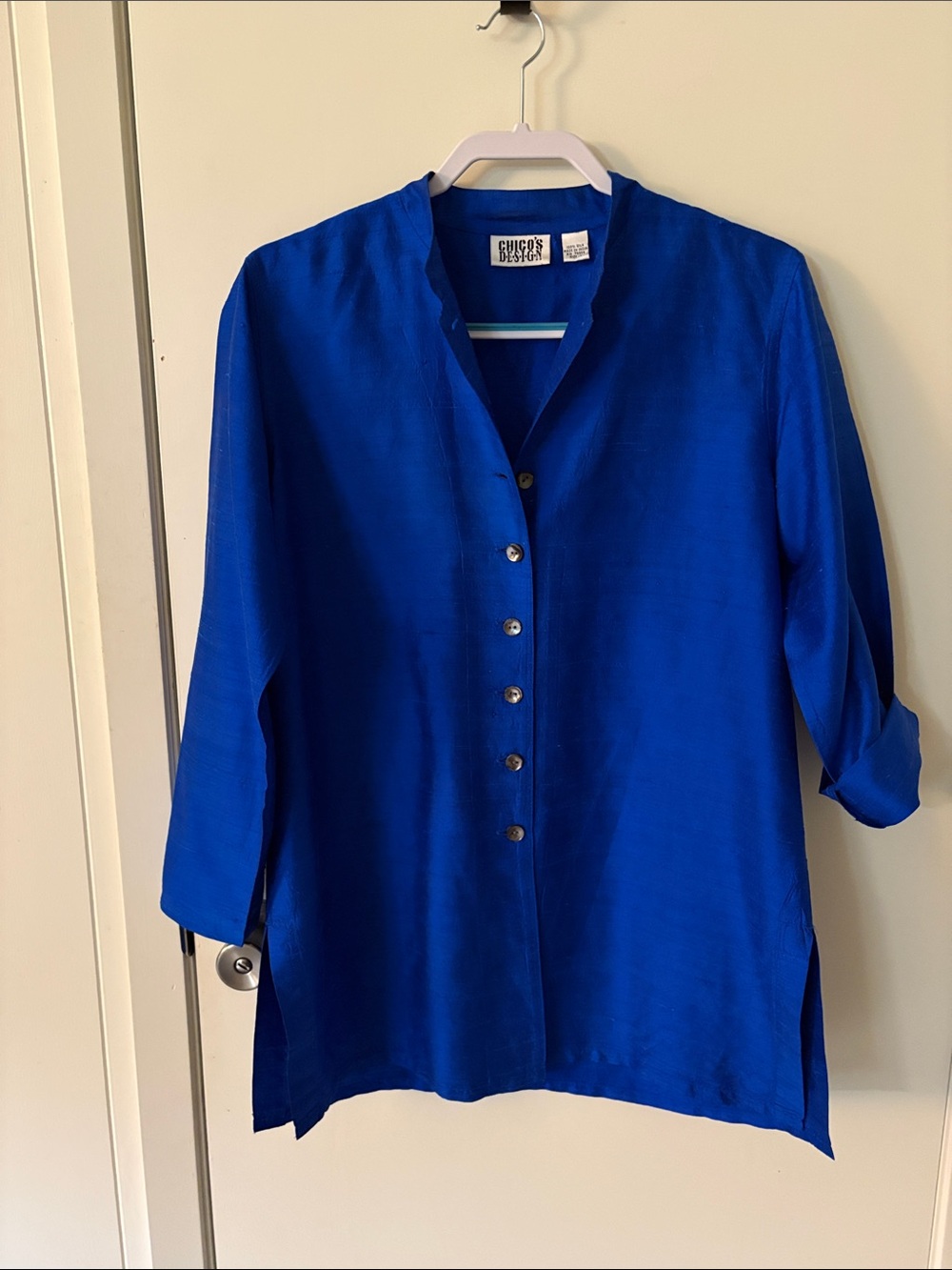 Chico's Blue Button-Front silk Mandarin Collar Tunic